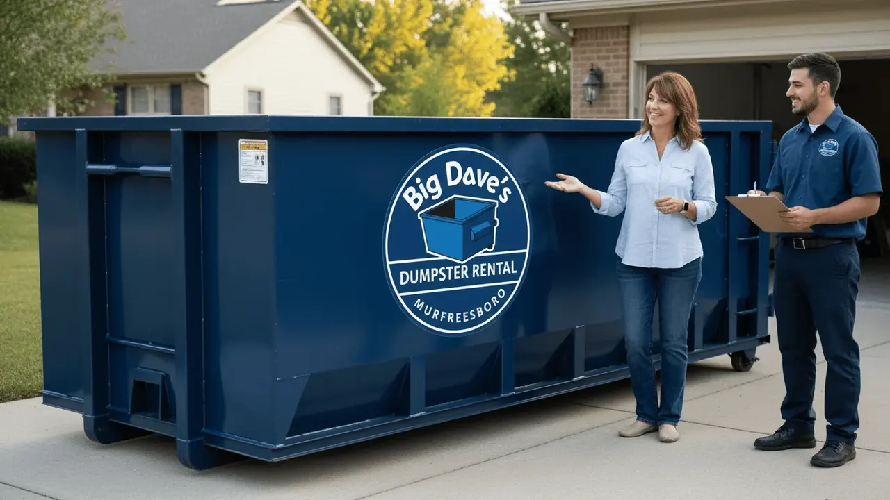 Local dumpster rental in Murfreesboro Big Dave's Dumpster Rental roll-off truck and container in Murfreesboro, TN